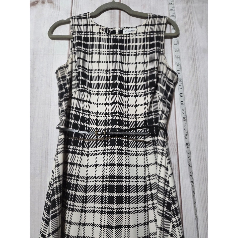 Calvin‎ Klein Dress Womens 6 Black White Plaid Sleeveless Midi A-Line Back Zip - Picture 3 of 7